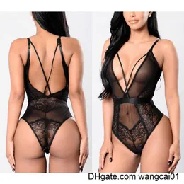 KLV Женский черный тонкий Slim Deep V-образный кружевник FA Sexy Off-Bearder Backss Bodysuit Bar Party Носить комбинезон плюс размер 4103