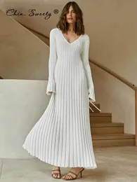 Casual Dresses Women's Sticked Long Kirt Autumn and Winter Elegant Pleated A-Line Midi Dress Women's V-Neck Casual Women's Lace Long Kjol 230410