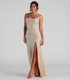 2024 Gold Women Evening Party Dress Shinny V-Neck Paski Criss-Cross z tyłu SULT MERMID MAXI Prom Formalne suknie Abendkleider Robe de Soiree