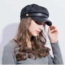 Stingy Brim Hats Unisex Pu Leather Military Hat Autumn Sailor for Women Men Black Female Travel Student Captain Army Flat Top