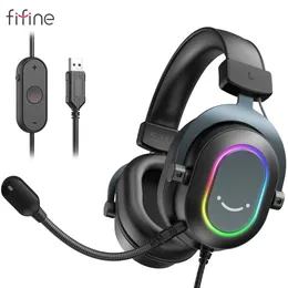 Cell Phone Earphones Fifine Dynamic RGB Gaming Headset with Mic Over-Ear Headphones 7.1 Surround Sound PC 3 EQ Options Game Movie Music 231109