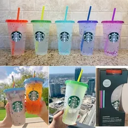 PCS Reusable Starbucks Tumbler Color Changing Cold Cups Starbucks Cup Plastic Tumbler with straw Plastic Cup ml oz Summer Colle110