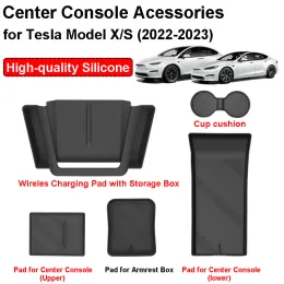 5st Protector för Tesla Model X S 2023 Interiörstillbehör Center Console Storage Organizer Tray Wireless Charging Pad Cup