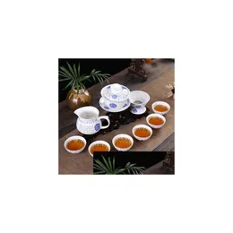 Conjuntos de chá de café S Kongfu 10 Pçs / set Set Cerâmica Azul e Branco Bule Bone China Serviço Drop Delivery Home Garden Kitchen Din Dhmbt