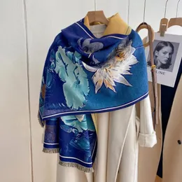 Bufandas Elegante Estampado Bufanda de cachemira Invierno Mujeres Grueso Cálido Diseño Floral Pintura al óleo Estolas de viaje Chales y abrigos femeninos Manta