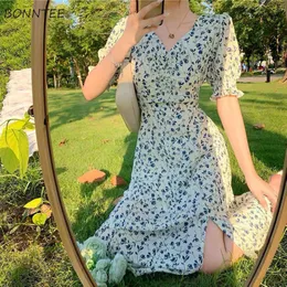 Casual Dresses Short sleeved dress for women's printed V-neck summer chiffon women's casual street clothing retro Ulzzang fashion retro cute holiday Ins 230410