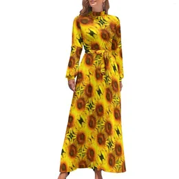 Abiti casual Abito giallo girasole Stampa floreale Sexy Maxi estetica Boemia Vestido grafico a vita alta lungo