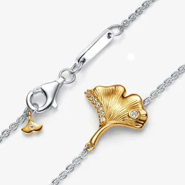 Collana Pandora Placcatura in oro Placcatura in oro Ginkgo Collana volante Serie Foglia di Ginkgo Collana intelligente Collana con ciondoli a scatola Pandora Designer di gioielli Pandora per donna