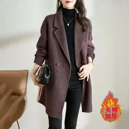 Damen Wollmischungen Wolljacke Herbst Winter koreanischer Stil Temperament verdickter mittlerer und langer Mantel mit Fischgrätenmuster 231110