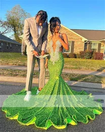 Glitter Green Sequins Long Mermaid Prom Dresses For Black Girls 2023 Beaded Crystal Straps Sparkly Birthday Party Gowns Robe De Bal