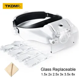 Förstoringsglasögon tkdmr pannband förstoringsbatteri Förstoringsglas med LED -lampor för smycken loupe titta elektronisk reparation broderi läs bok 230410