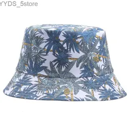 Breda breim hattar hink hattar panama hink hatt män kvinnor tropisk palm hink mössa kokosnöt träd tryck chapeau bob hat hip hop gorros fisk fiskare hatt yd049 yq231110