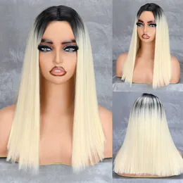 Lace Wigs Wig Women's Black Gold Gradual Split Long Bang Straight Hair Chemical Fiber Mechanism Wig Head Cover Wig Batch