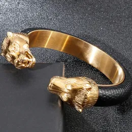 Bangle Banhado A Ouro De Aço Inoxidável Cabeça De Leão Aberto Bangles Para Homens Elástico Ajustável Pulseiras De Couro Meninos Acessórios De Mão Jóias 231109