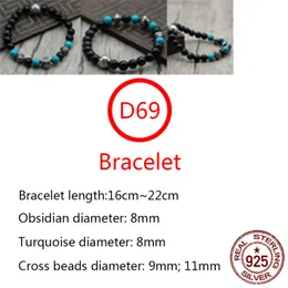 D69 S925 bracciale in argento sterling naturale ossidiana moda perline rotonde smerigliate stringa a mano personalità retrò lettera perline croce fiore punk stile hip-hop