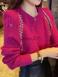 Swetry damskie Kimotimo Diamonds Sweter z długimi rękawami Kobiety 2023 Autumn Okrągła szyja pusta design Krótki dzianinowy retro elegancki pullover J231110