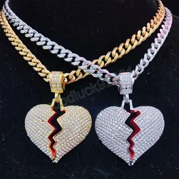 Men Hip Hop Heart Broke Iced Out Bling Pendant Necklace 7mm Width 316L Stainless Steel Chain Necklaces Hiphop Fashion Jewelry