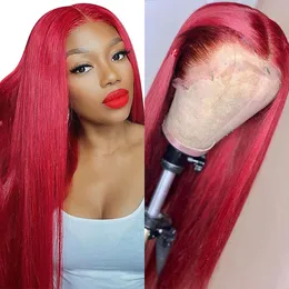 Pelucas delanteras de encaje rojo burdeos brasileño para mujer, peluca sintética roja larga y recta sin cola, línea de pelo prearrancada, con pelo de bebé, Cosplay