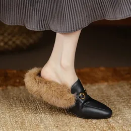 Slippers Rabbit Hair Cowhide Slippers 33-43 Metal Buckle Autumn Muller Shoes Golden Velvet Retro Slippers Fashion Outwear Slippers 231110