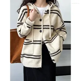 Women's Knits Korean Version Striped Hooded Melard Color Knitted Cardigan Fashion Temperament Simple Style Sweater Texture Women Top Coat