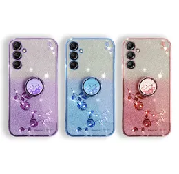 Metal Finger Ring Holder Cases For Samsung S24 Plus Ultra A35 A55 A25 A15 A05S A05 Xiaomi 14 Pro Redmi 13C Gradient Glitter Soft TPU Plating Bling Diamond Flower Cover