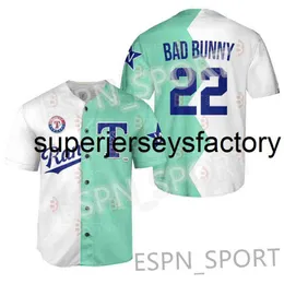 Supe College Baseball Wears 22 Bad Bunny 2022 All Stars Split Jersey Rangers Baseball Jerseys Texas TEE