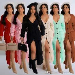 2023 Fall Fashion Knitted Dress Ribbed Sweater Coat Sexy Deep V-neck Single Breasted Long Sleeve V-neck Cardigan Midi Maxi Dresses For Woman