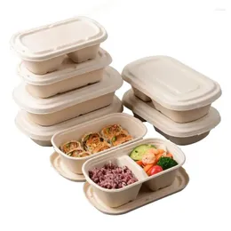 Take Out Containers 50Pcs/lot Degradable Bagasse Bento Box Takeaway Food Packaging Boxs Meal With Lids Prep