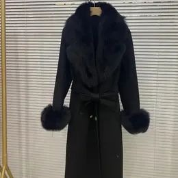 Futra kobiet sztuczne kobiety wełniane płaszcz mieszany z dużym prawdziwym mody mody szczupłowy pasek kurtki zimowej mankieta 231109