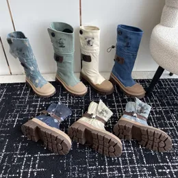 قناة Blue Boots Fashion Tall Denim Jean for Women Double Letter C Side Zipper Knee Knee High Tall Boot Platfor