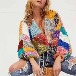 Kvinnors stickor boho inspirerade lapptäcke cardigan kvinnor öppnar sömmen långärmad tjock varm tröja hösten vinterrock outwear