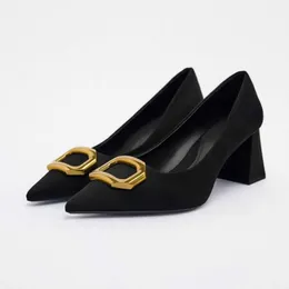 Sandaler Black Heeled Pump Shoes Women Block Hee Heels Pointed Toe Office Lady Pumps Woman Casual Front Metal High 230406