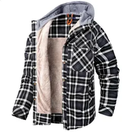 メンズジャケット冬用ジャケットカジュアルな格子縞のフード付きベルベット厚い温かい綿ルーズロングスリーブストリートウェアマレシャツs2xl 231110