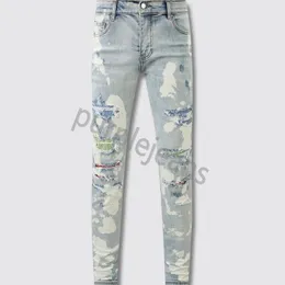 Män jeans hål ljusblå mörkgrå Italien varumärke man långa byxor byxor streetwear denim mager smal rak cyklist jean för högsta kvalitet