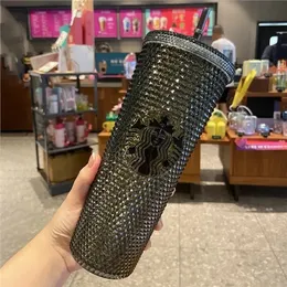 New Ready To Ship With Logo Starbucks Mugs 24oz 710ml Durian Straw Cup With Lid Diamond Radiant Coffee Mugs Ice Sipper Tumbler Studded Cold Bling Cup 1110
