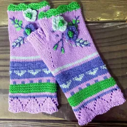 Fem fingrar handskar mode eleganta kvinnors varma handkrok jacquard halvfinger vinter retro handgjorda söta blomma broderier