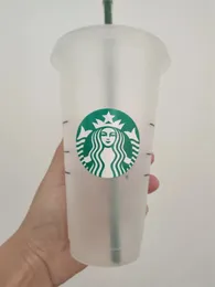 Starbucks 24oz/710 ml plastmugg återanvändbar klar dricka platt botten kopp pelare form lock halm mugg bardian 10