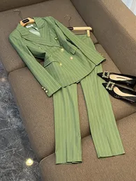 2023 Autumn Green Striped Two Piece Pants Set Long Sleeve Notched-Lapel Single-Breasted Blazers Top With Long Pants Set 2 Pieces Blazer Suits F3N02120640