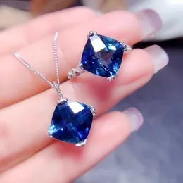 Necklace Earrings Set 2023 London Blue CZ Stone Pendant Necklaces Rings Silver Color Wedding For Women Banquet Accessories