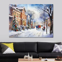 Artwork Giclee Snowy Christmas Night Streetscape Joyous Ambiance Canvas Print Picture for Festive Living Room Wall Decor
