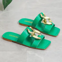 Sandals Ladies Slippers Summer Fashion Metal Decorative Square Head Outer Wear Flat Slippers Soft Bottom Seaside Beach Flip-flops