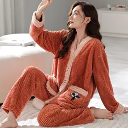 Pijamas femininos inverno coral velo engrossado e mobiliado outono flanela casa conjunto de pele