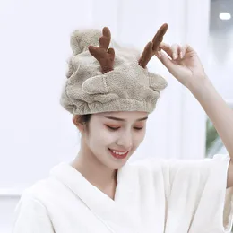 Towel 1PC Dry Hair Cap Stretch Coral Velvet Absorbent Shower Cartoon Antlers Quick-drying Brown Headscarf 65 25CM