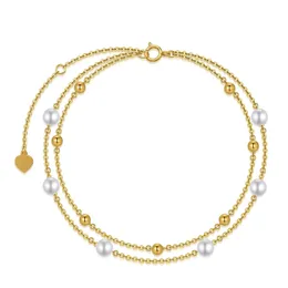 14K Gold Perlenarmband für Frauen, massives geschichtetes Perlen-Gliederarmband Station Tin Cup Perlenarmband Geburtstag Jahrestag Schmuck Geschenk für Mama