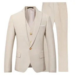 Mens Suits Blazers Beige Ivory Men passar Casual Linen Beach Wedding Groom Stylish Prom Dress Party Wear 3 PiecesJacketvestpants 231110