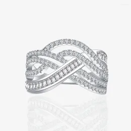 Cluster Rings LOKWAN 18kWhite Gold Plated 925 Sterling Silver Wave Textured Line Pave Setting Zircon Ring Women's Personalized Premium