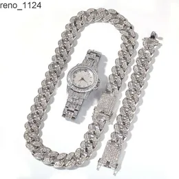 HipHop Jewelry Iced Out Sets Rhinestone Gold Diamond Watch Cuban Chain Link Necklace With Bracelet For Men Gift