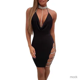 Sukienki swobodne czarne seksowne sukienki imprezowe Kobiety Summer Mash Modna głęboka szyja kantar Backless Choker Choker Slit cekin bodycon sukienki dla kobiet ubrania 2019 M230411