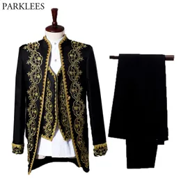 Mens Suits Blazers Gold Nakış 3 Parça Smokin Elbise Jacketpantsvest Party Düğün Festivali Kostüm Homme Şarkıcı Opera Sahne Ceket 231110