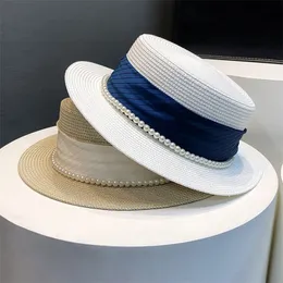 Retro Pearl Słomowe Czapki Zławe czapki płaskie czapkę Kobiet Kobiety Letnie czapki podróżne czapki